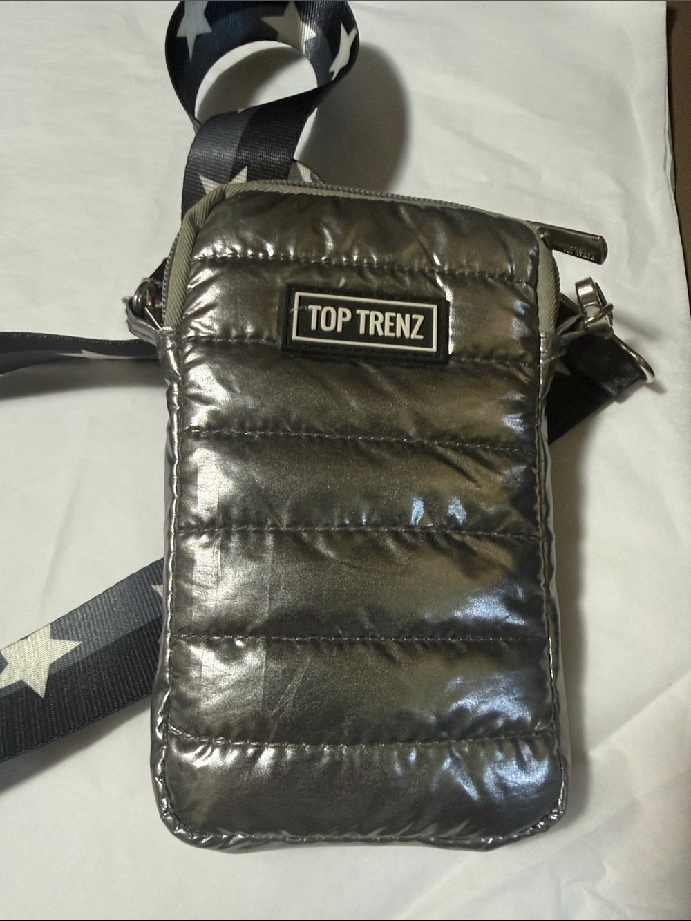 Metallic Silver Quilted Crossbody Phone Bag